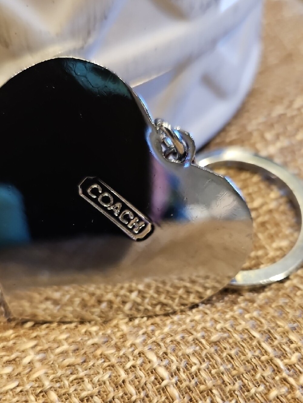 Coach Red & Silver Heart Keychain with Signature Pattern - Picture 4 of 4